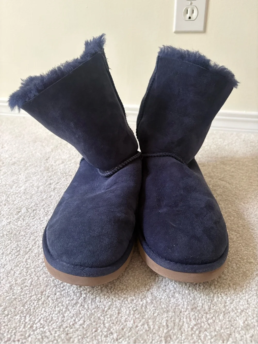 UGG Navy Suede Shearling Slippers with Back Bows